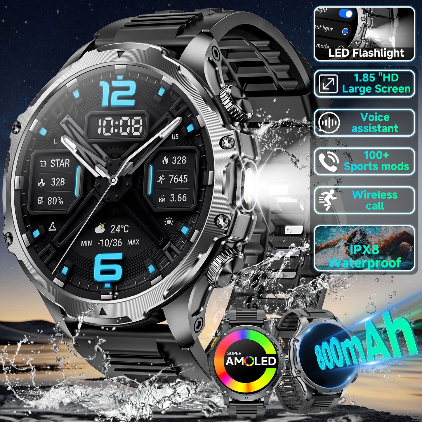 Military Smartwatch For Men With Bluetooth Call And 100 Modes