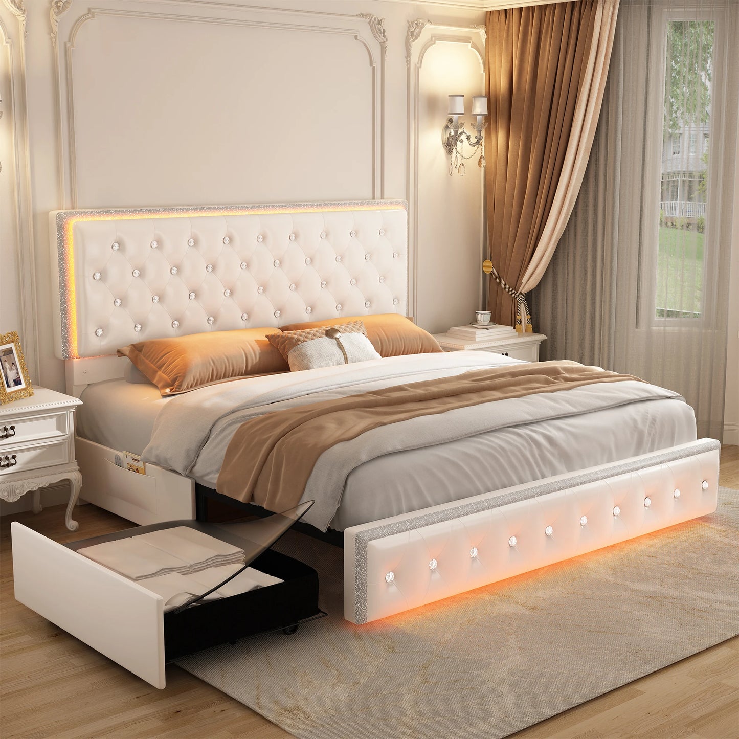 Queen LED PU Bed Frame With Drawers And Tufted Headboard