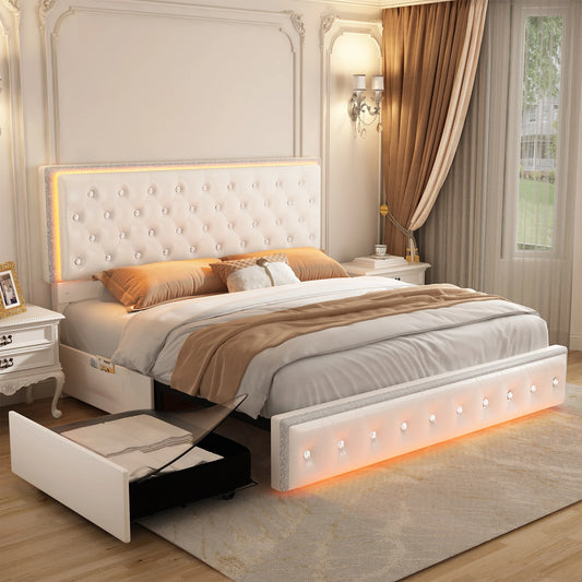 Queen LED PU Bed Frame With Drawers And Tufted Headboard