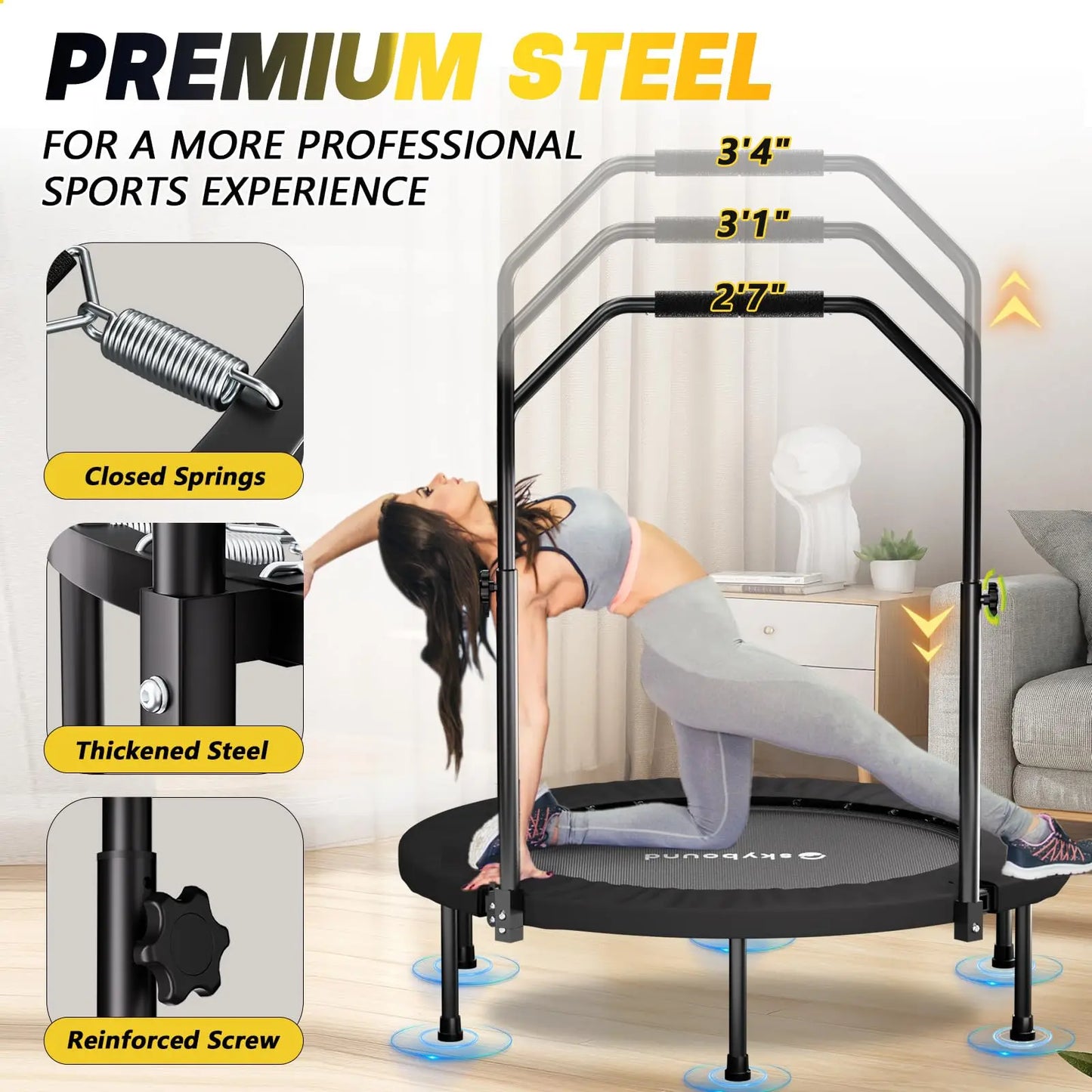 Rebounder Trampoline For Adults With Adjustable U Bar Handle Fitness