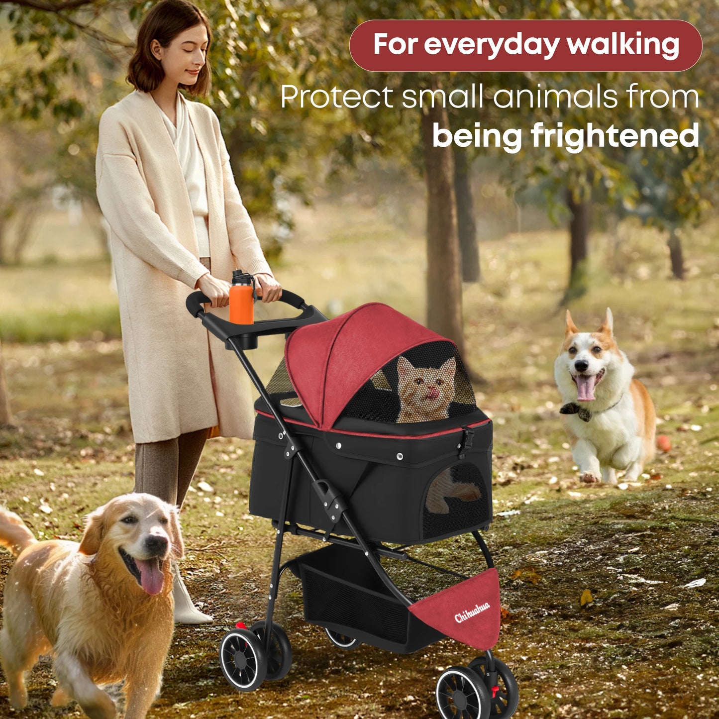 CHIHUAHUA Pet Stroller 3 Wheels Foldable With Breathable Mesh Canopy