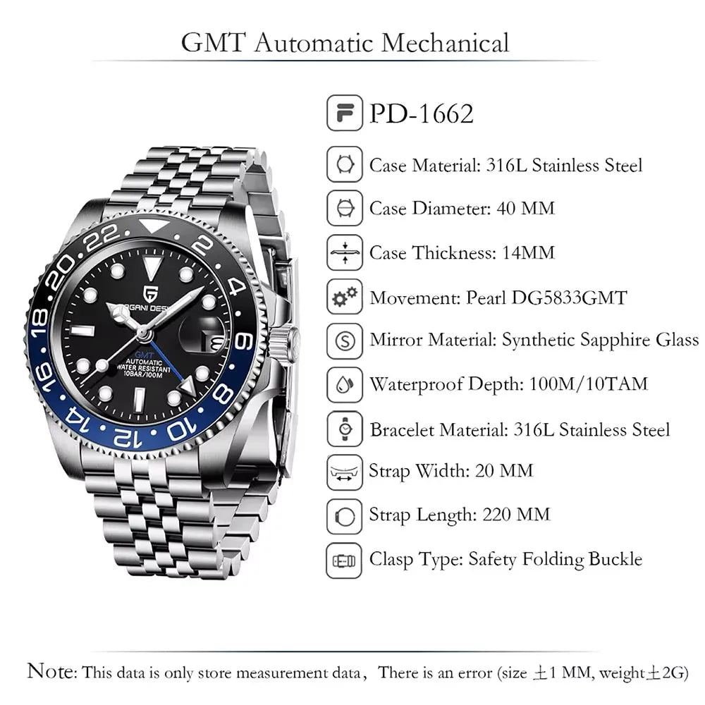 PAGANI DESIGN GMT Stainless Steel Automatic Wristwatch Sapphire Glass