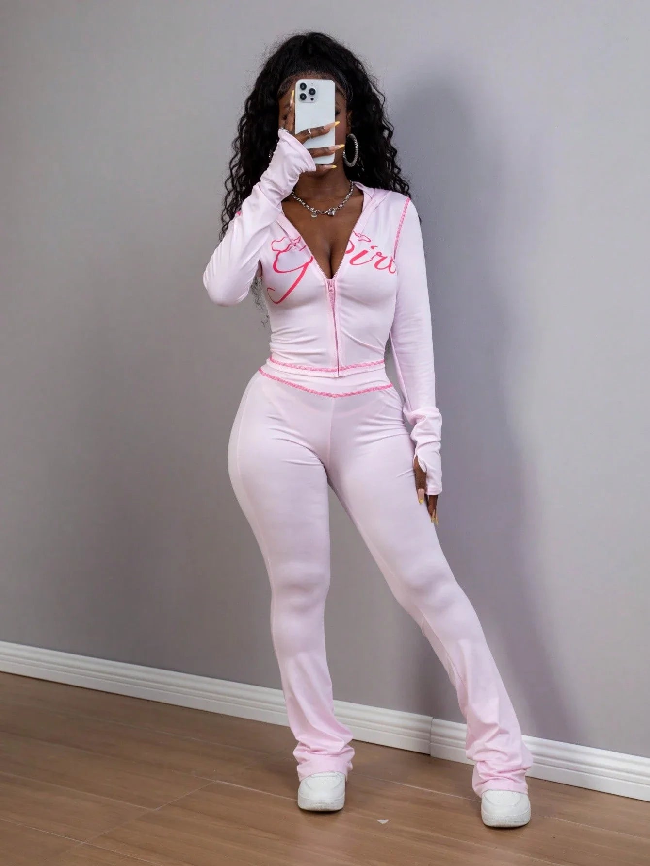 Women's Zip-Up Hoodie And Pants Set With Graphic Print Streetwear