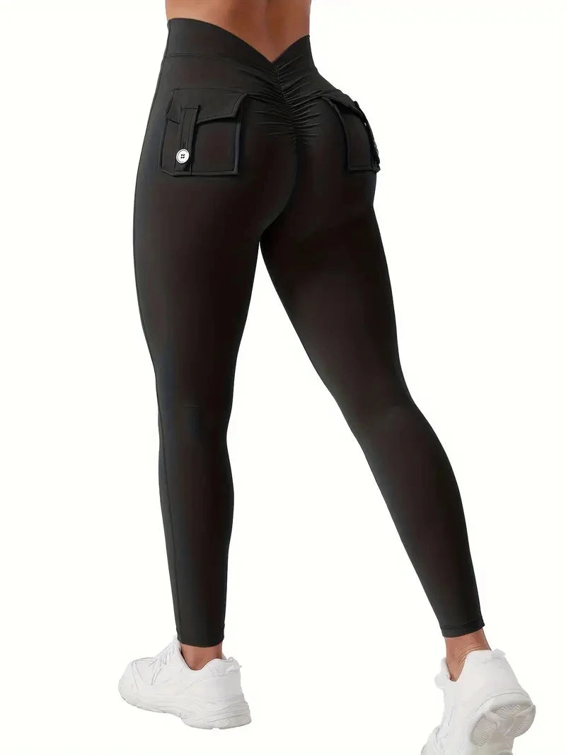Women's High-Waisted Butt-Lifting V-Back Seamless Yoga Leggings With Pockets
