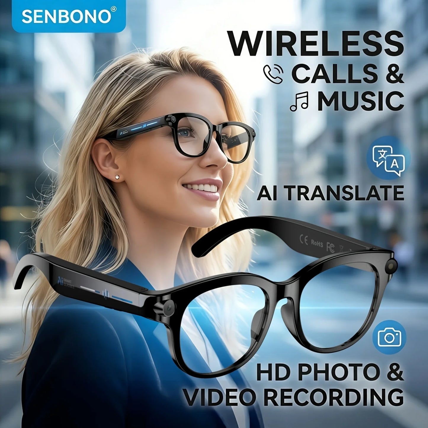 SENBONO AI Smart Glasses With 200W Pixel Camera Bluetooth Translator