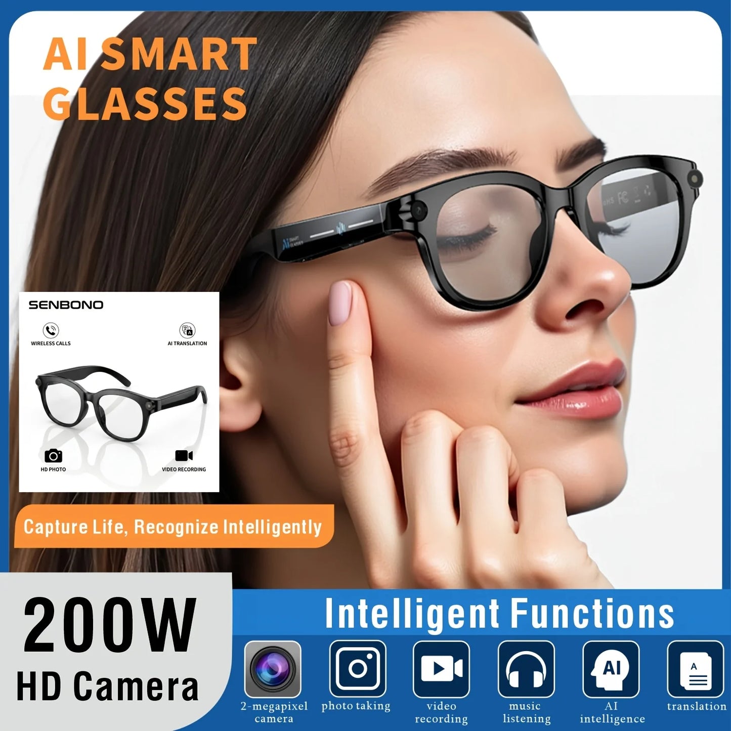SENBONO AI Smart Glasses With 200W Pixel Camera Bluetooth Translator
