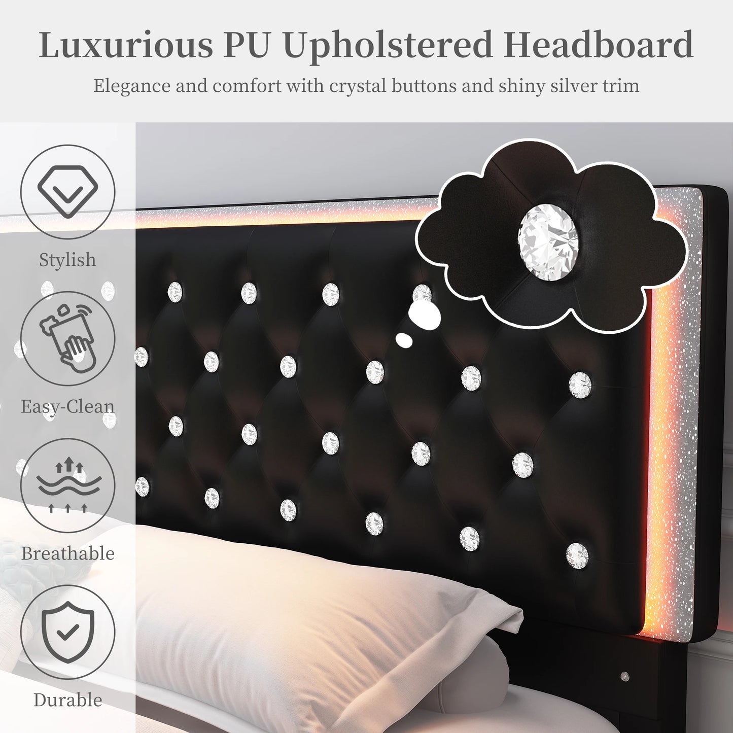 Queen LED PU Bed Frame With Drawers And Tufted Headboard