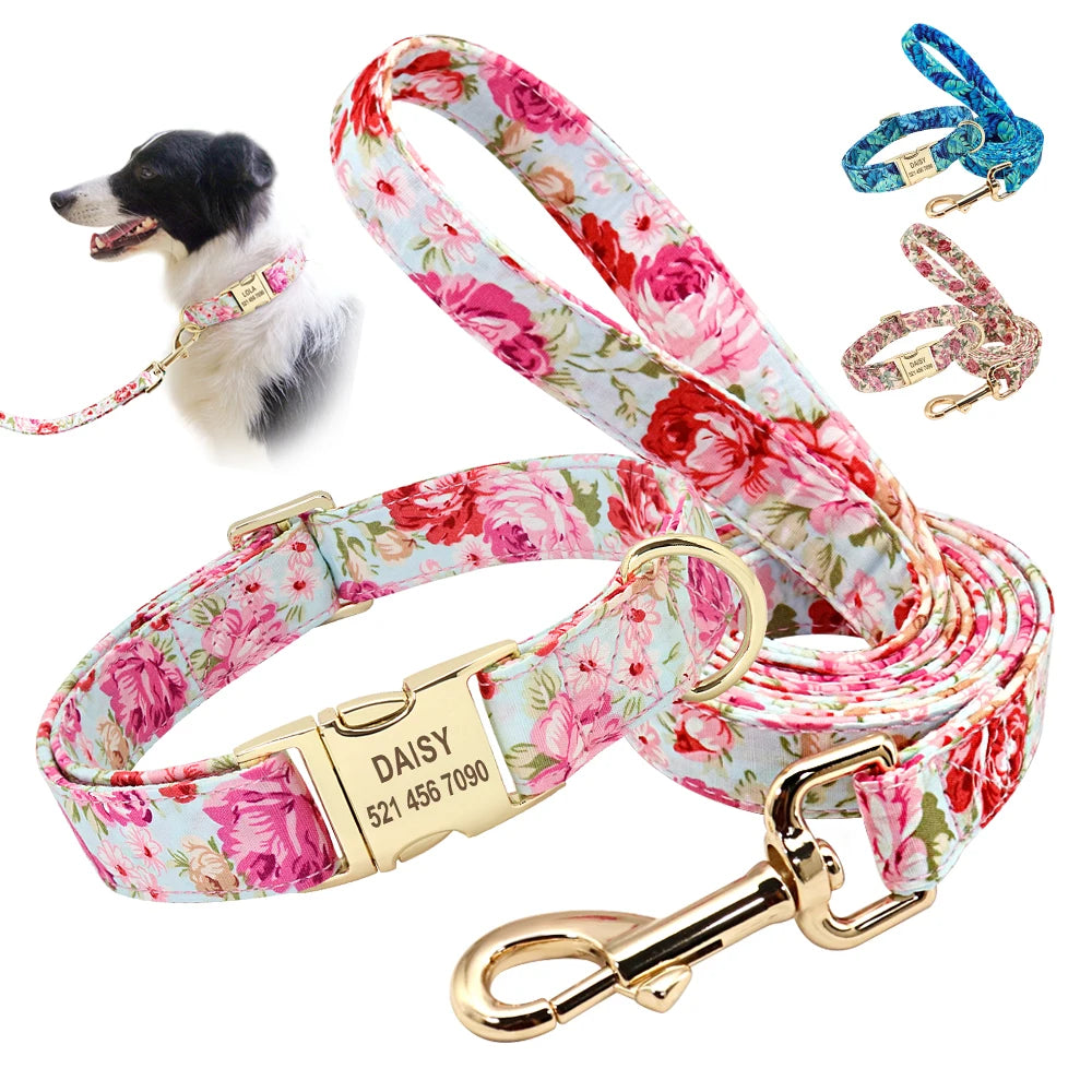 Pet Artist Personalized Dog Collar And Leash With Engraved Nameplate