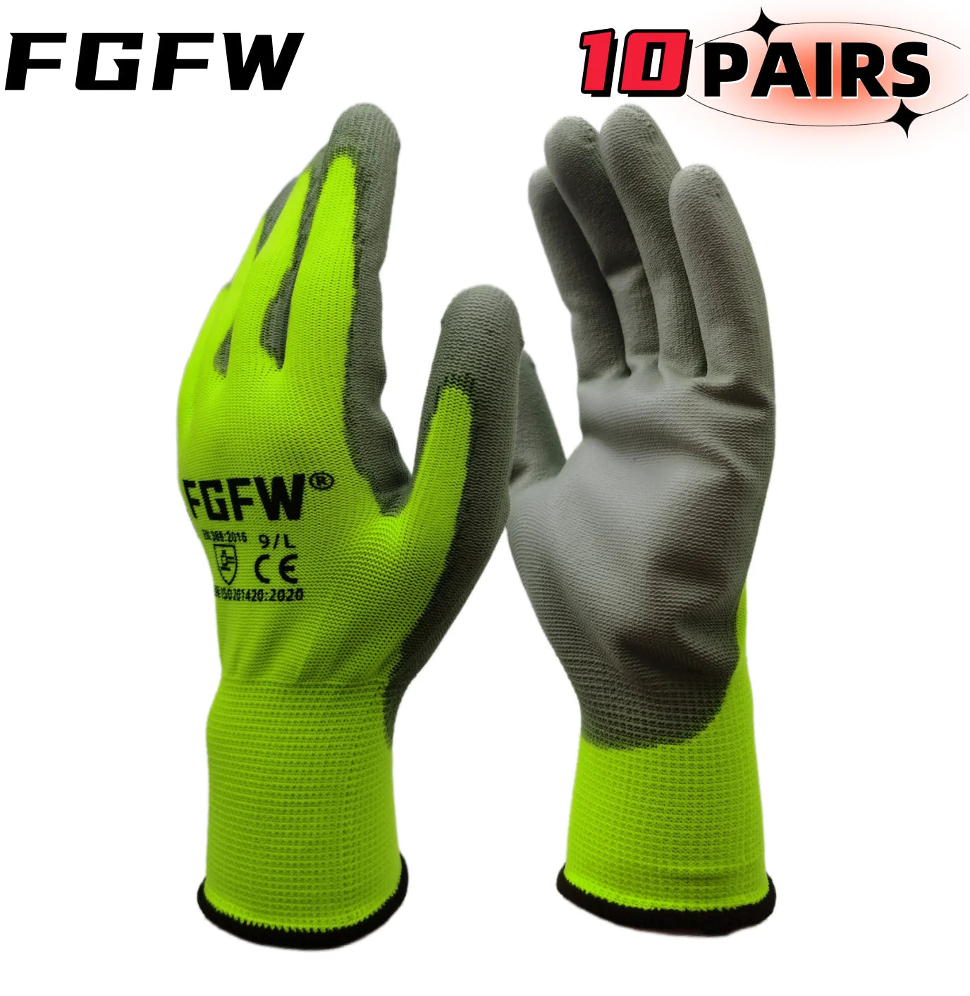 FGFW PU Coated Work Gloves EN 388 ISO20471 Certified Lightweight Safety Gloves