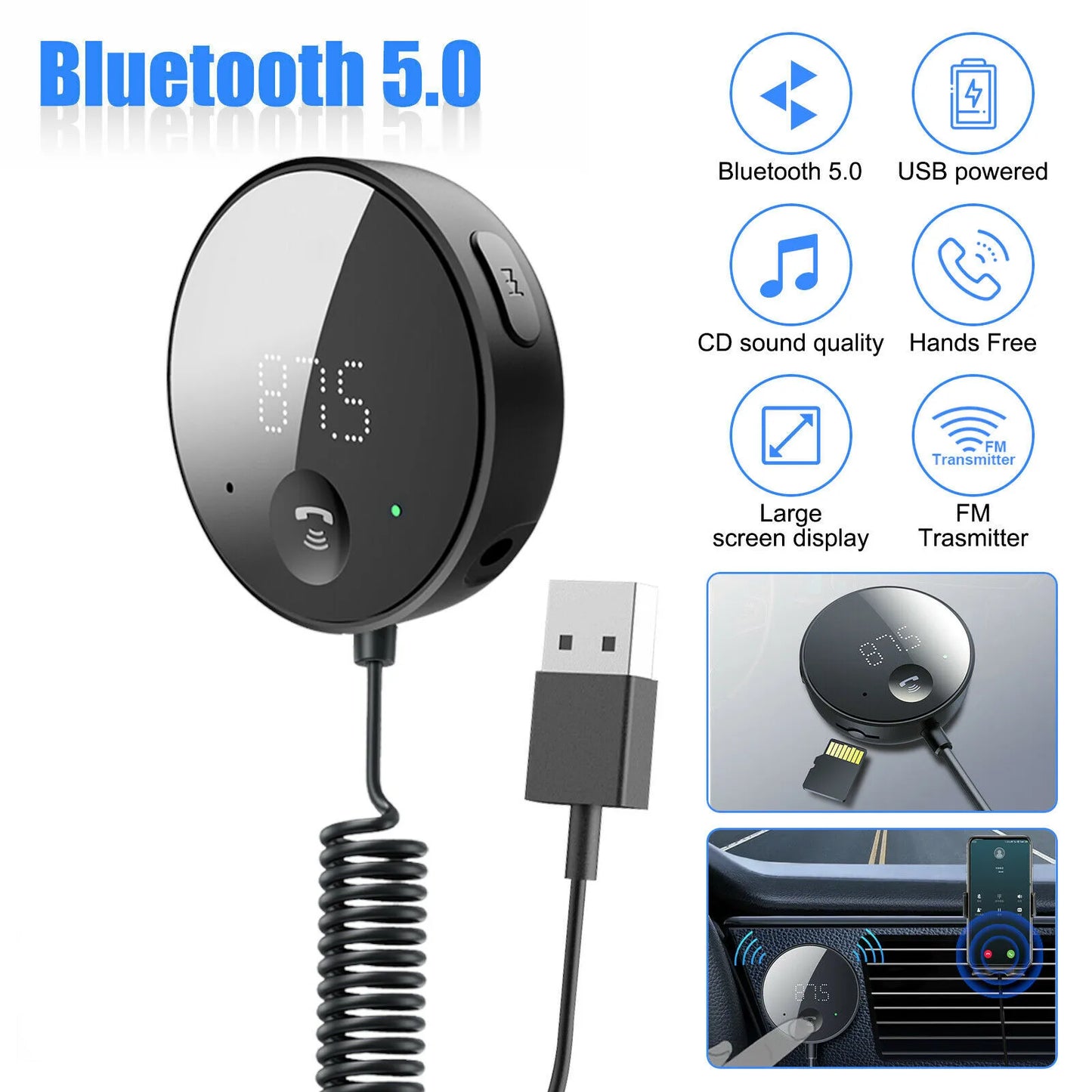 Bluetooth 5.0 Car FM Transmitter With LCD Display Hands Free