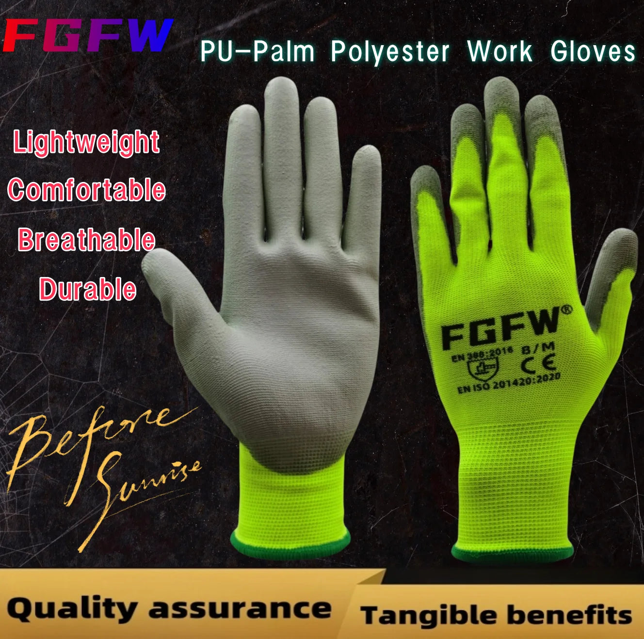 FGFW PU Coated Work Gloves EN 388 ISO20471 Certified Lightweight Safety Gloves
