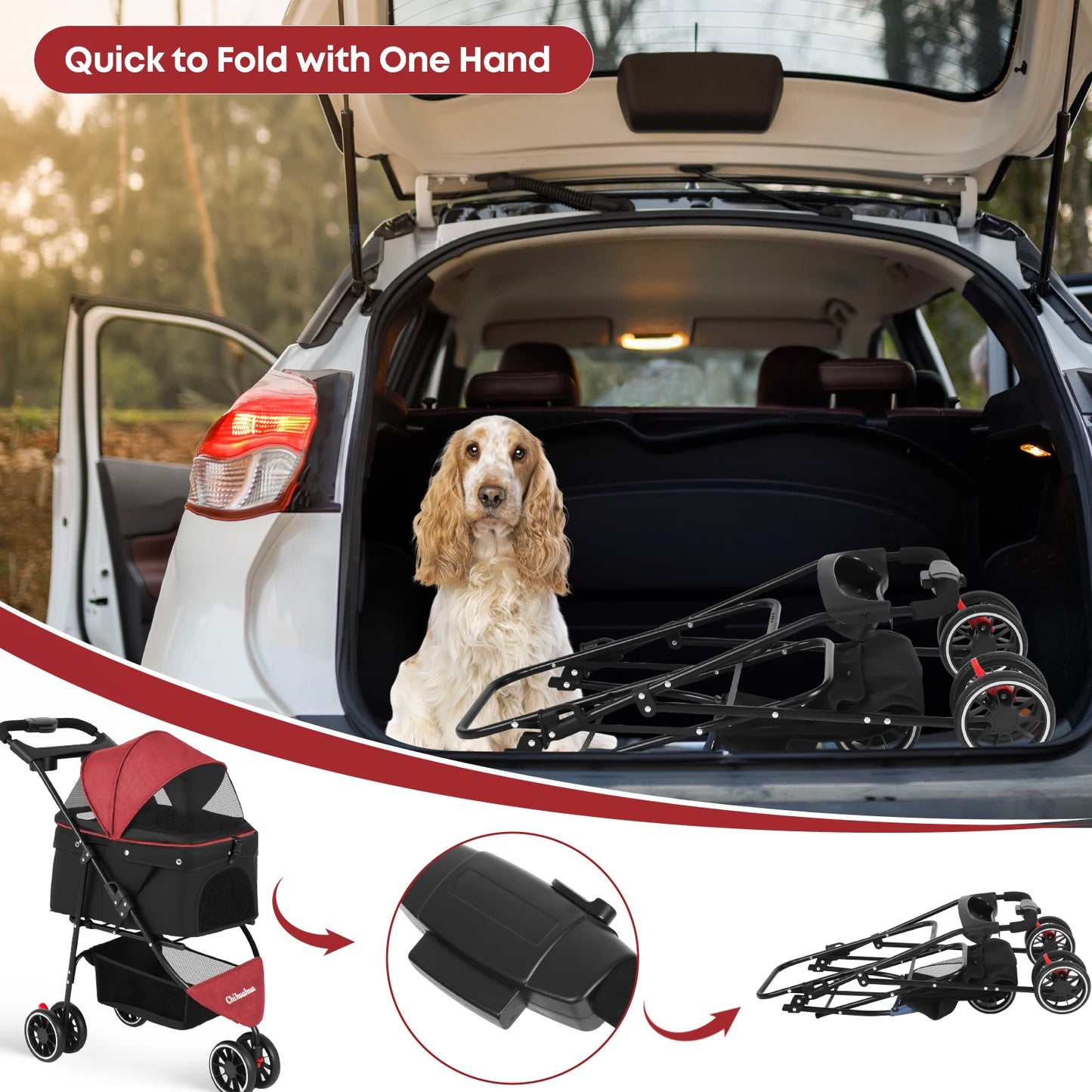 CHIHUAHUA Pet Stroller 3 Wheels Foldable With Breathable Mesh Canopy