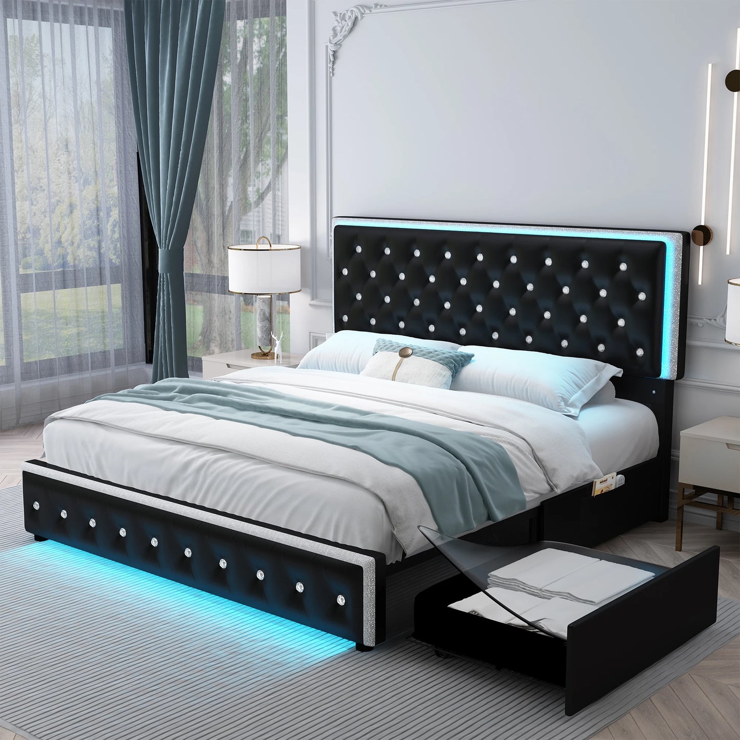 Queen LED PU Bed Frame With Drawers And Tufted Headboard