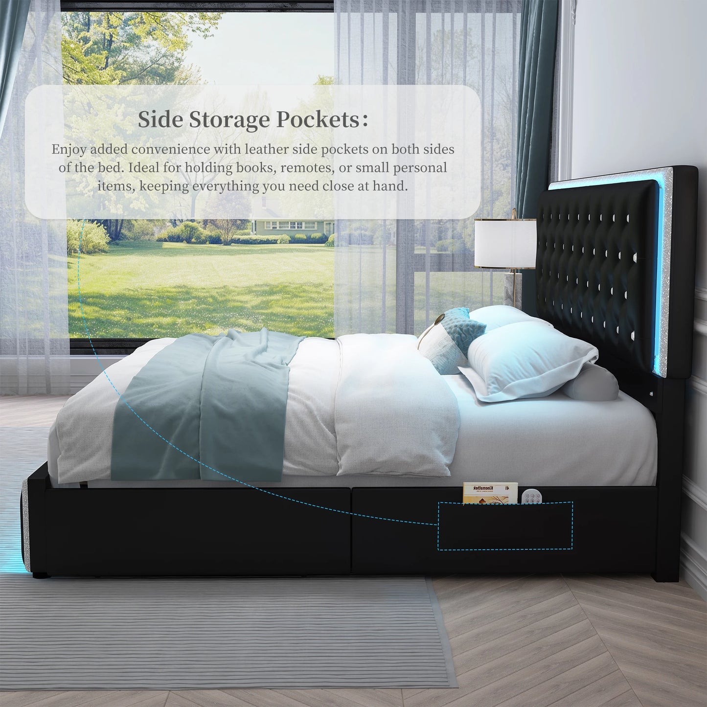 Queen LED PU Bed Frame With Drawers And Tufted Headboard