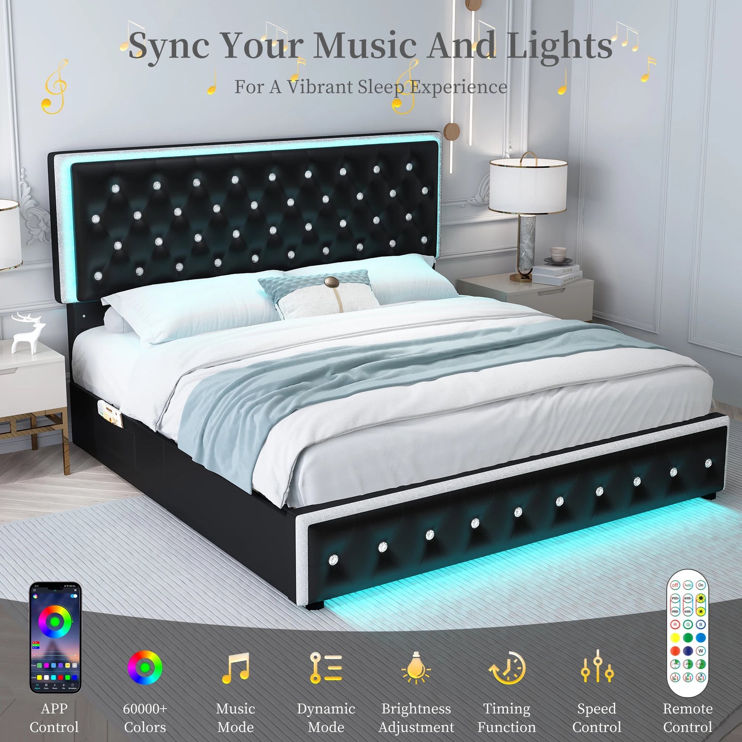 Queen LED PU Bed Frame With Drawers And Tufted Headboard