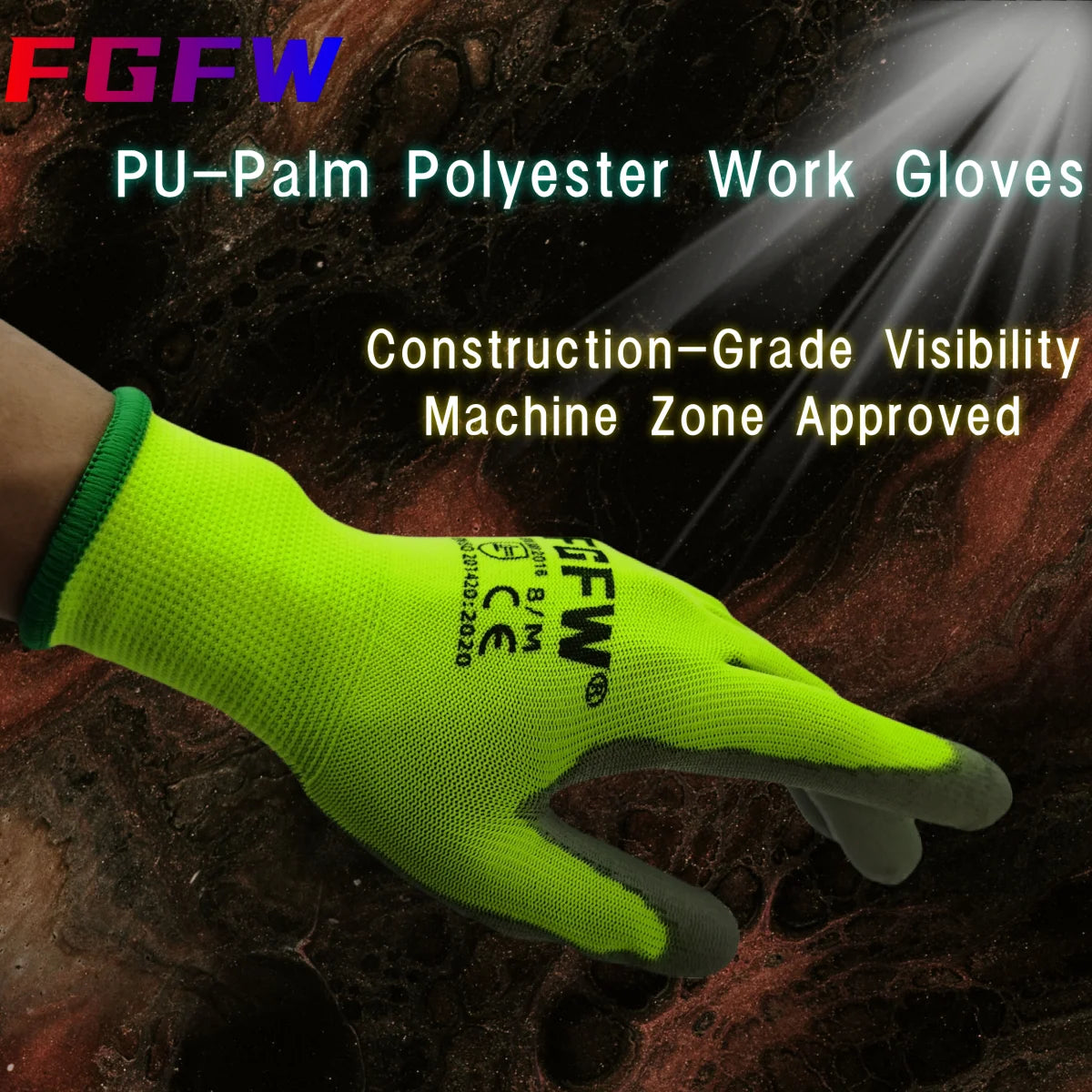 FGFW PU Coated Work Gloves EN 388 ISO20471 Certified Lightweight Safety Gloves
