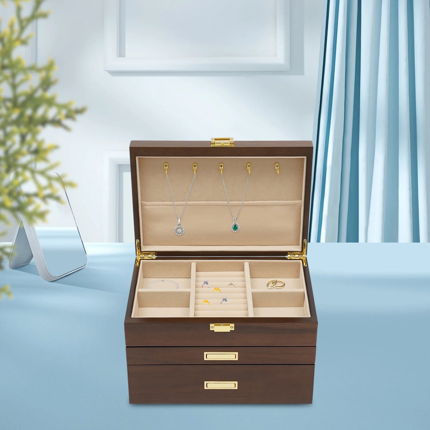 Wood Jewelry And Watch Display Case In Black Walnut Finish