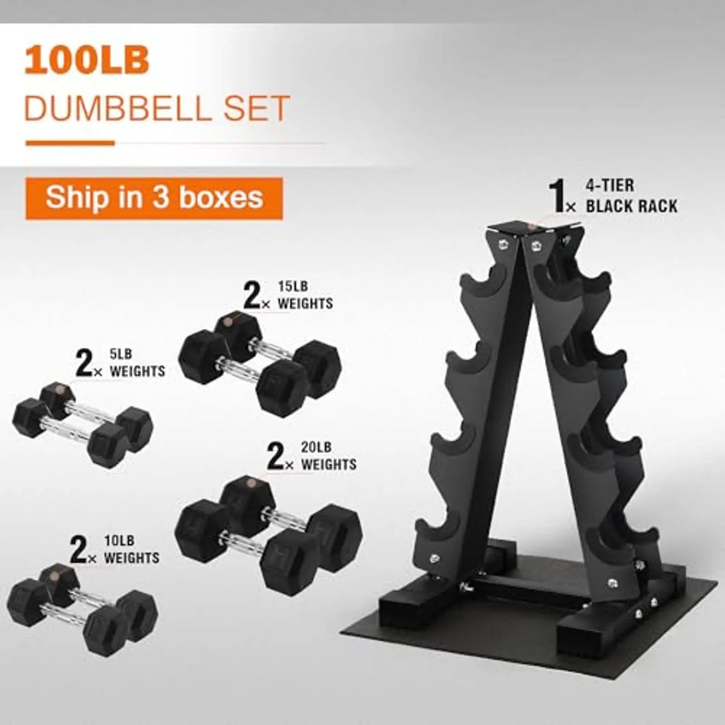 Dumbbell Set With Storage Rack And Rubber Coated Hex Weights