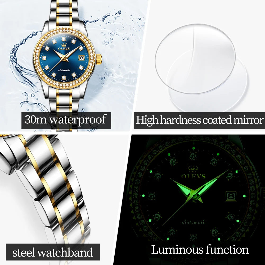 OLEVS Women's Diamond Automatic Watch Stainless Steel