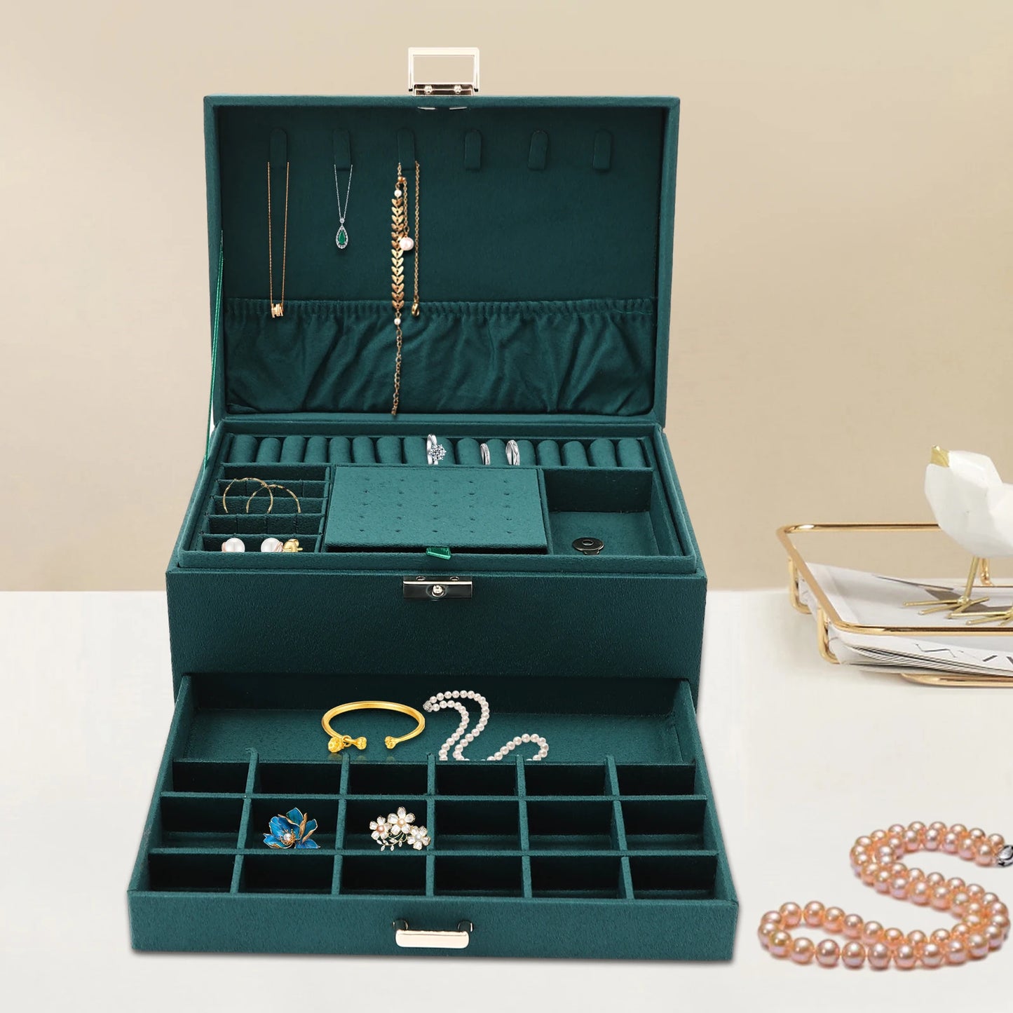 Three Tier Jewelry Box Organizer With Compartments For Necklaces