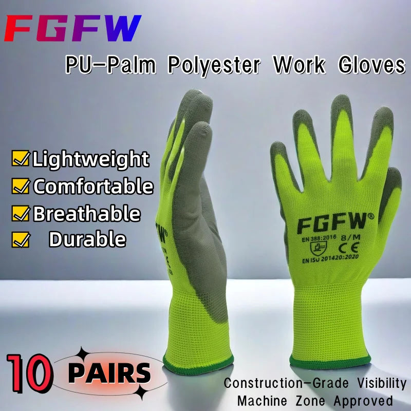 FGFW PU Coated Work Gloves EN 388 ISO20471 Certified Lightweight Safety Gloves
