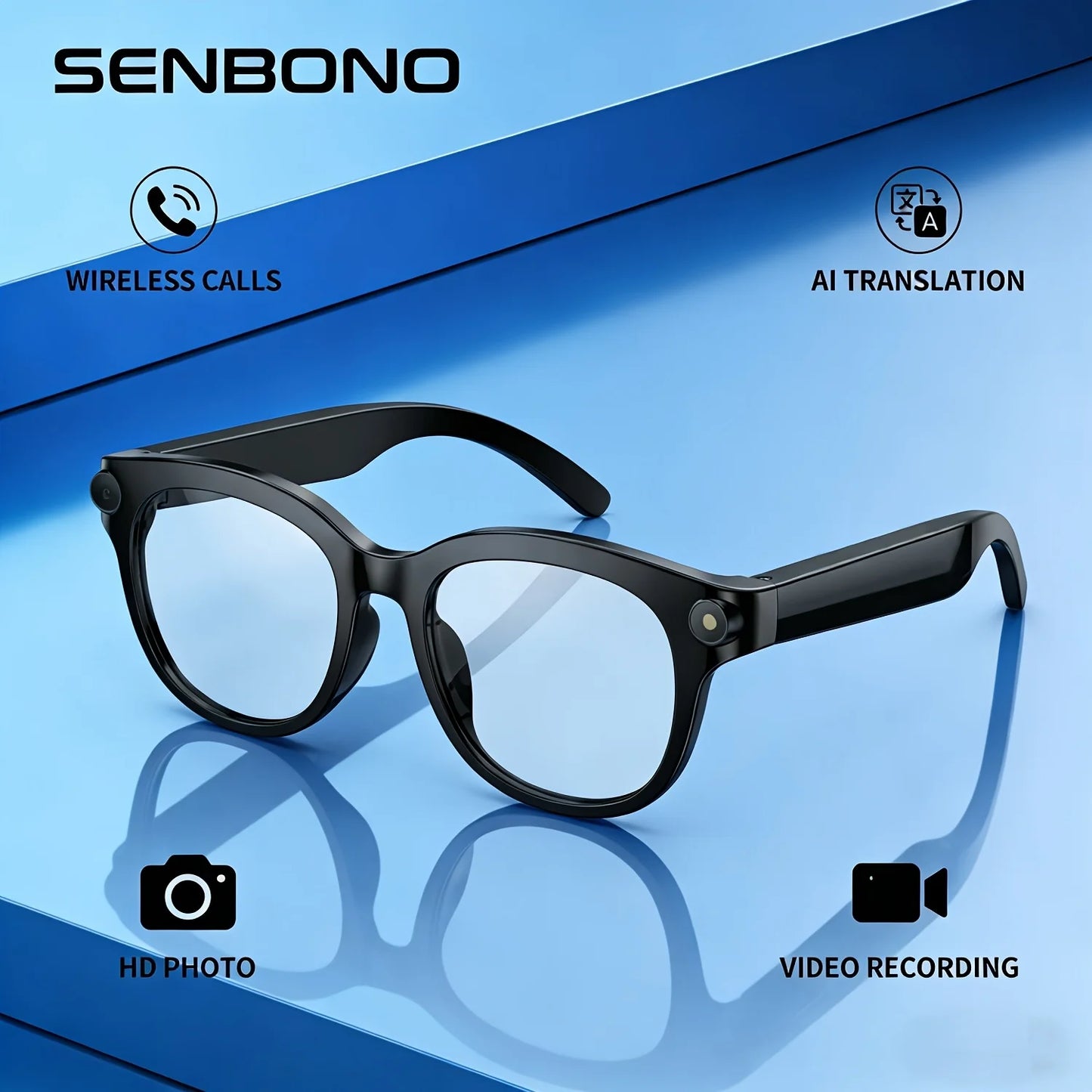 SENBONO AI Smart Glasses With 200W Pixel Camera Bluetooth Translator
