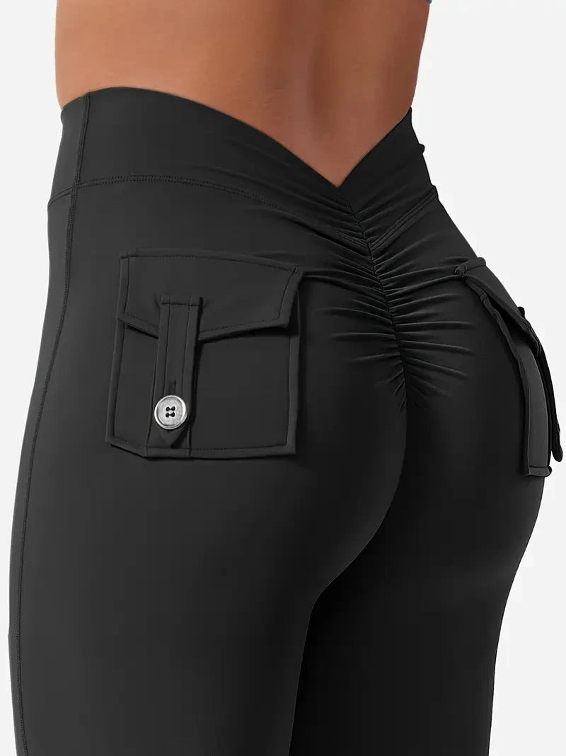 Women's High-Waisted Butt-Lifting V-Back Seamless Yoga Leggings With Pockets