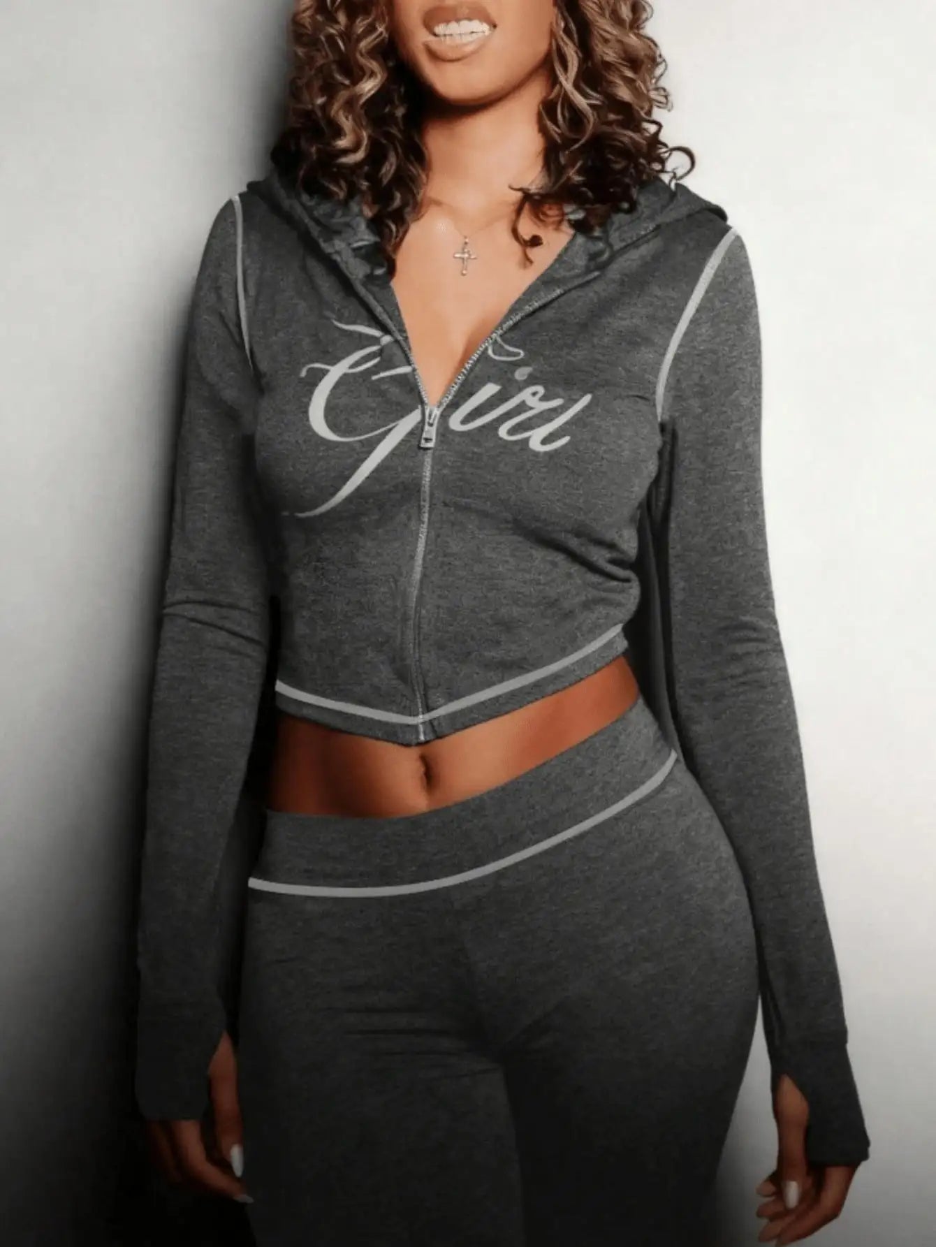 Women's Zip-Up Hoodie And Graphic Print 2-Piece Streetwear Set