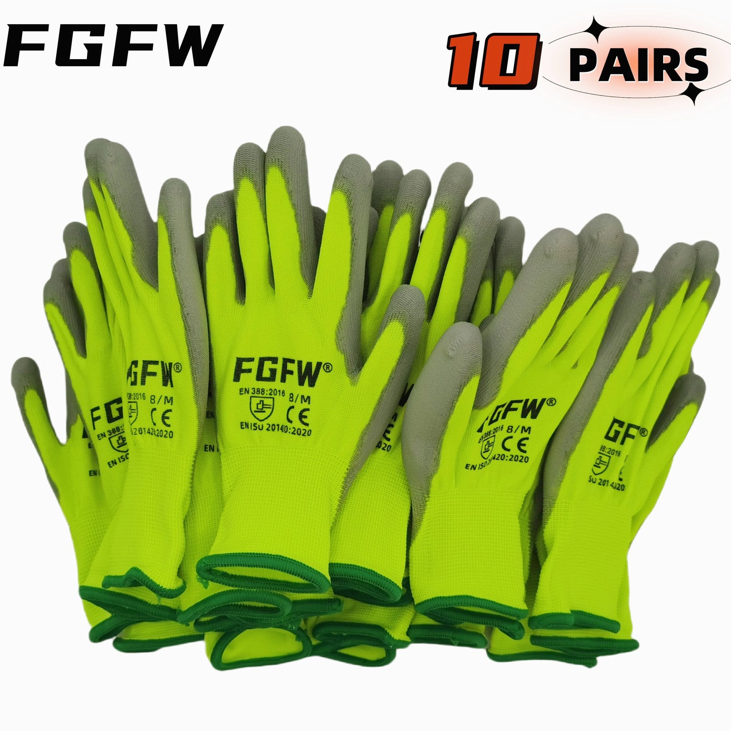 FGFW PU Coated Work Gloves EN 388 ISO20471 Certified Lightweight Safety Gloves