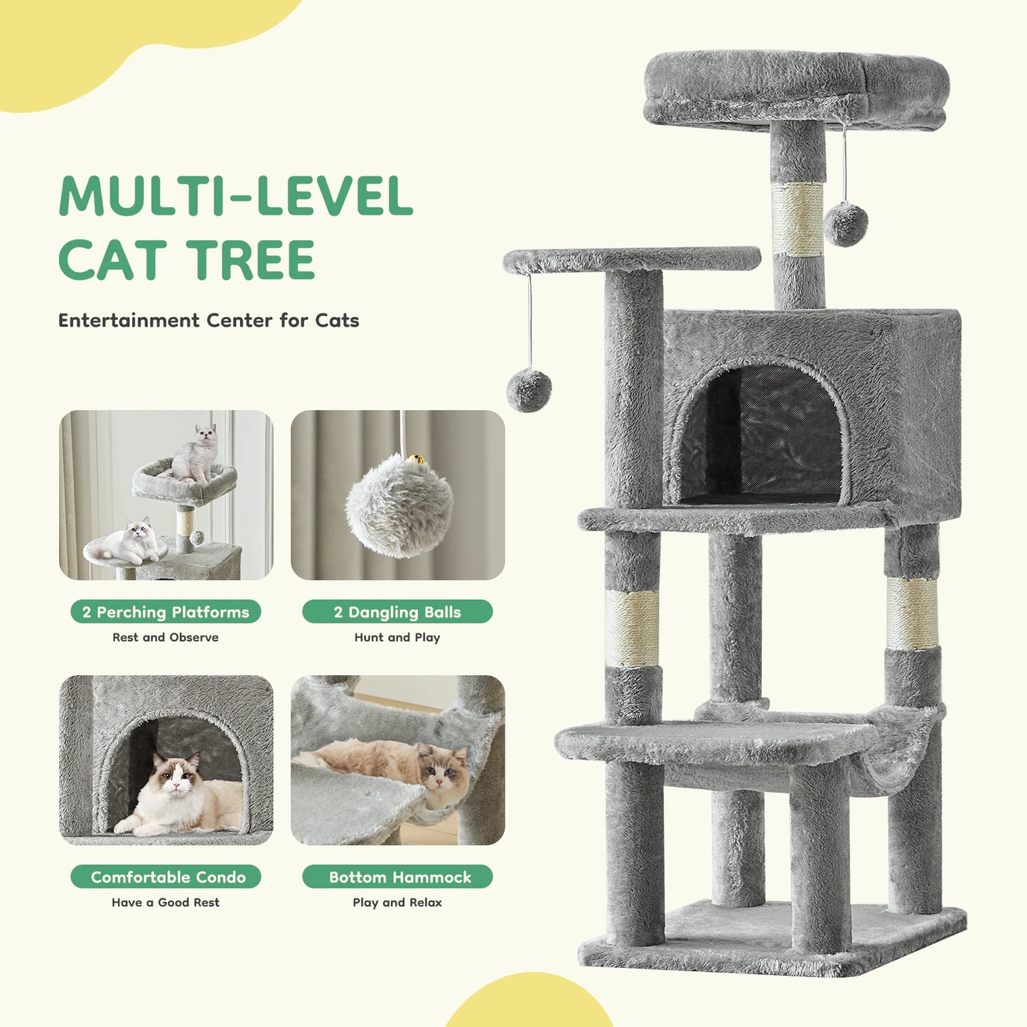 JHK Cat Tree Multi-Cat Climbing Tower Natural Sisal Posts