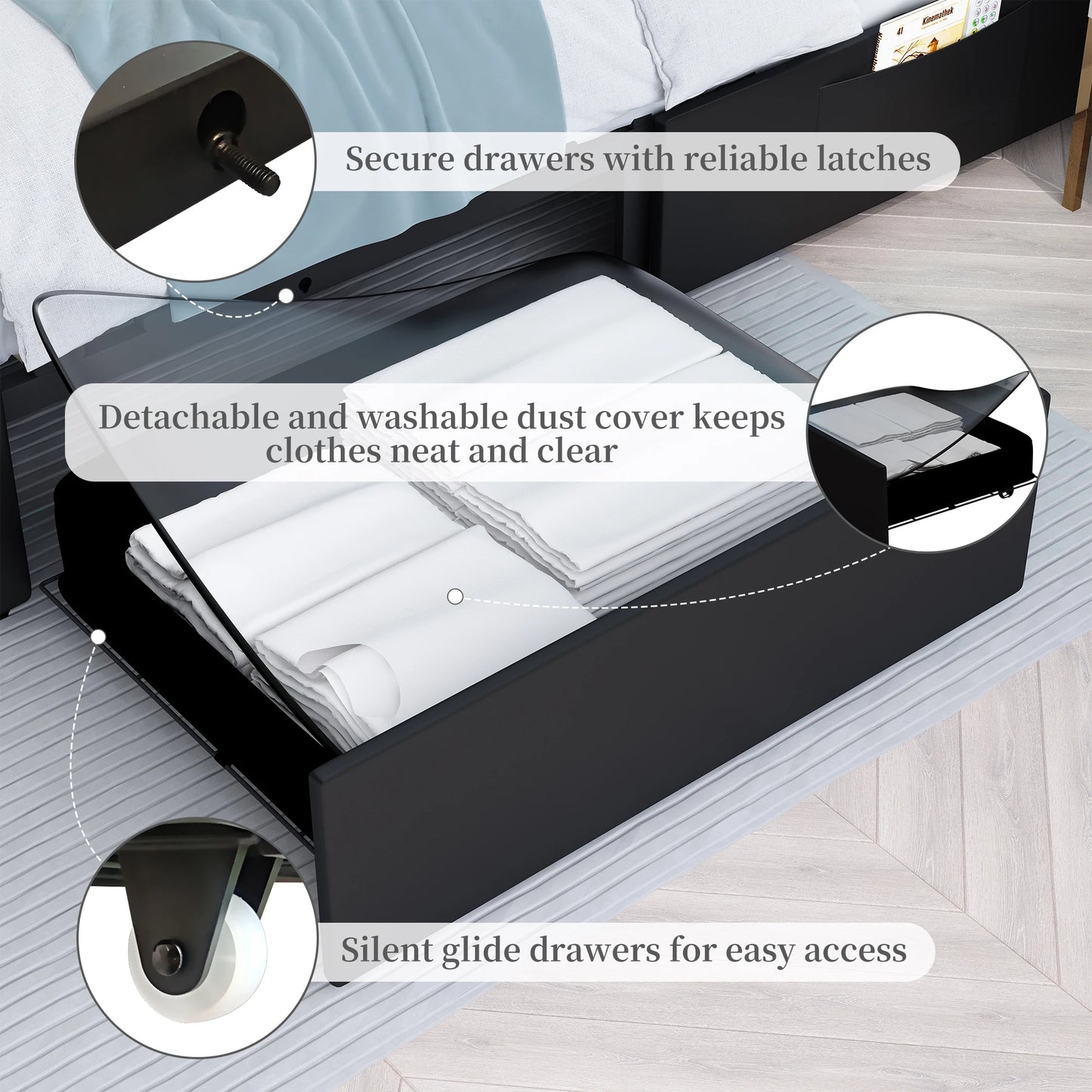Queen LED PU Bed Frame With Drawers And Tufted Headboard