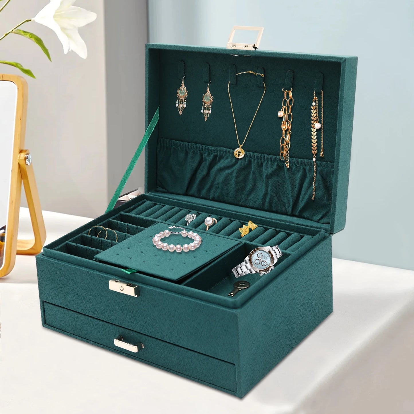 3-Tier Jewelry Box Organizer With Ring Slots And Drawers