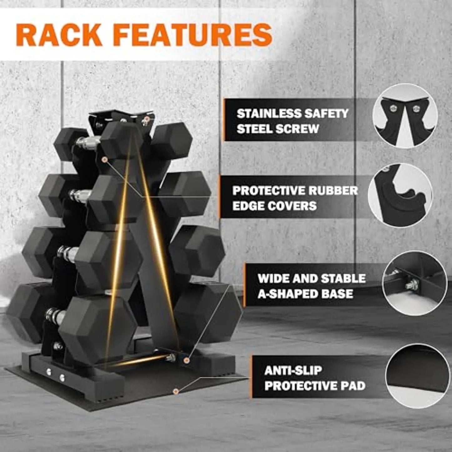 Dumbbell Set With Storage Rack And Rubber Coated Hex Weights