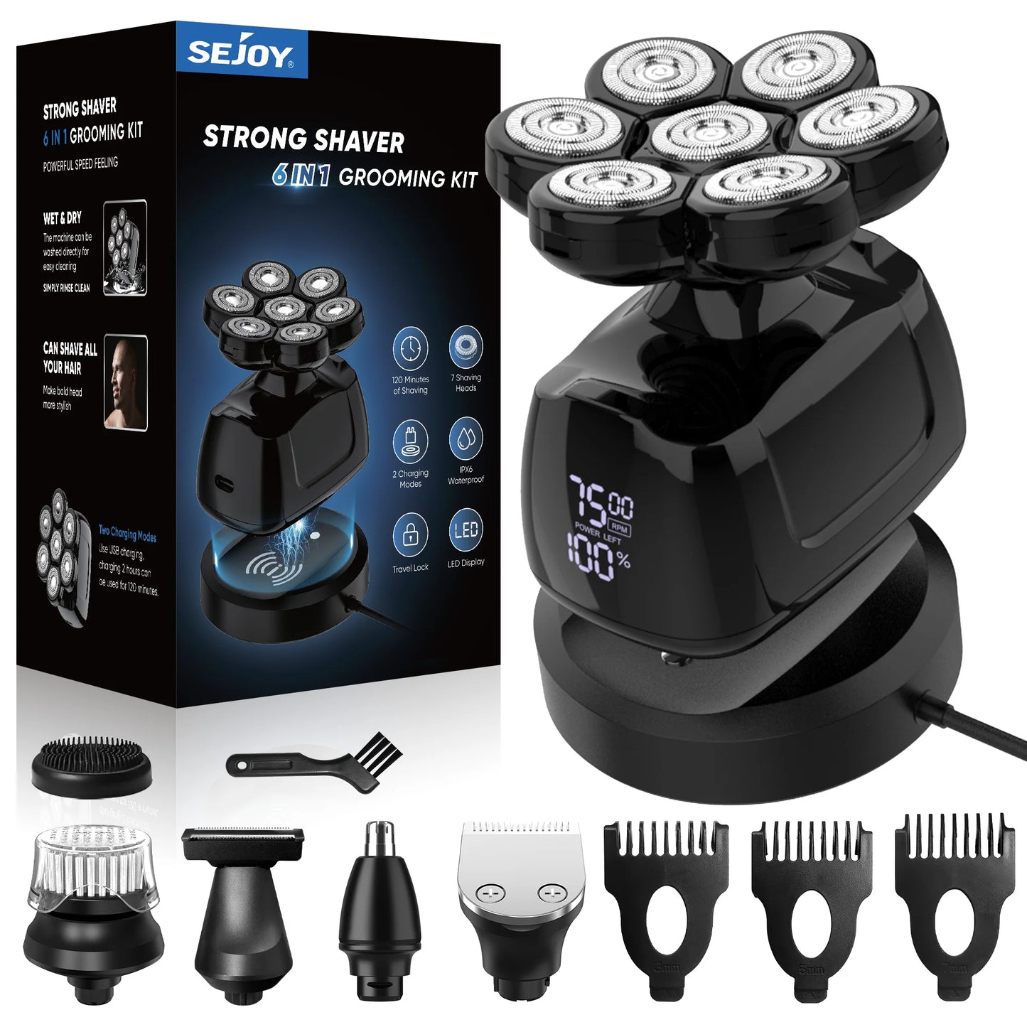 Sejoy 6in1 Head Shaver With Nose Hair Trimmer Grooming Kit