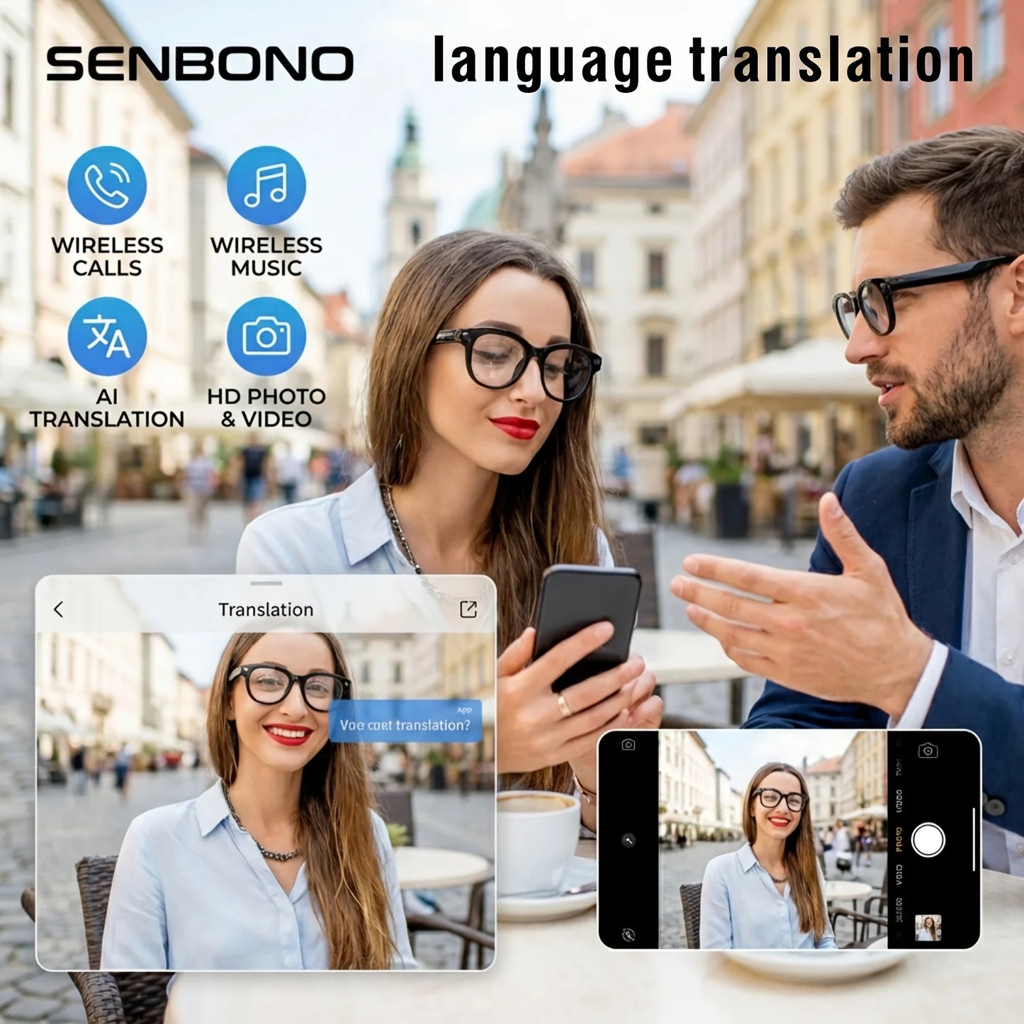 SENBONO AI Smart Glasses With 200W Pixel Camera Bluetooth Translator