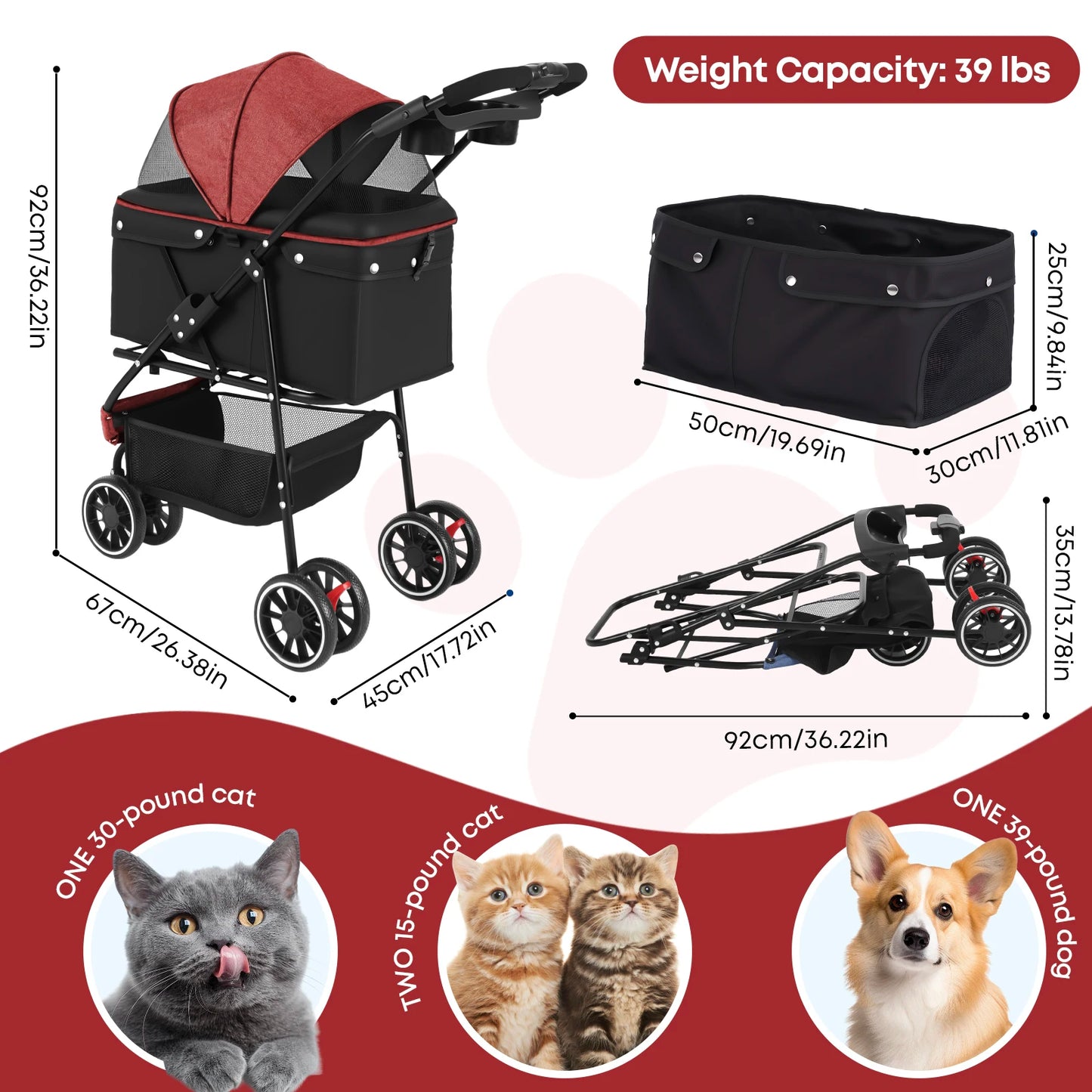CHIHUAHUA Pet Stroller 3 Wheels Foldable With Breathable Mesh Canopy