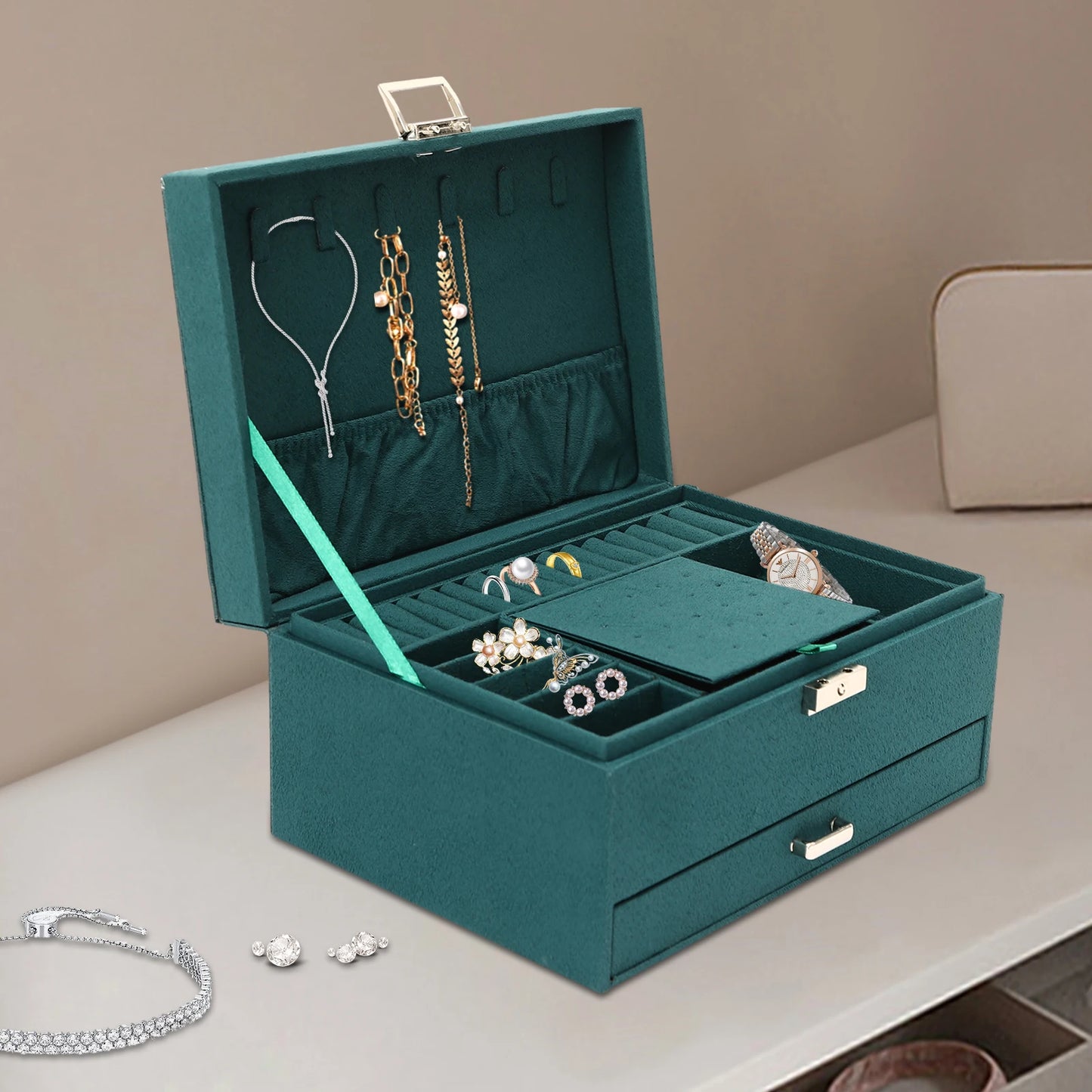 3-Tier Jewelry Box Organizer With Ring Slots And Drawers